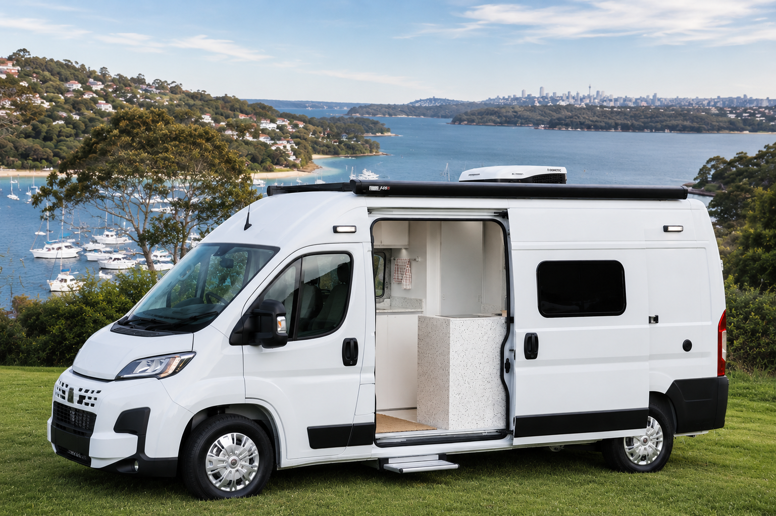 Bilgola parked on a coastal clifftop with the sliding door open