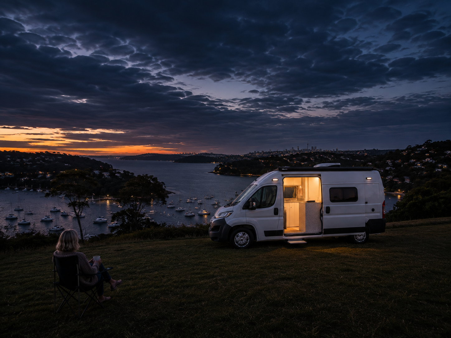 Dusk on the headland — woman with tea beside the van, interior glowing, harbour below