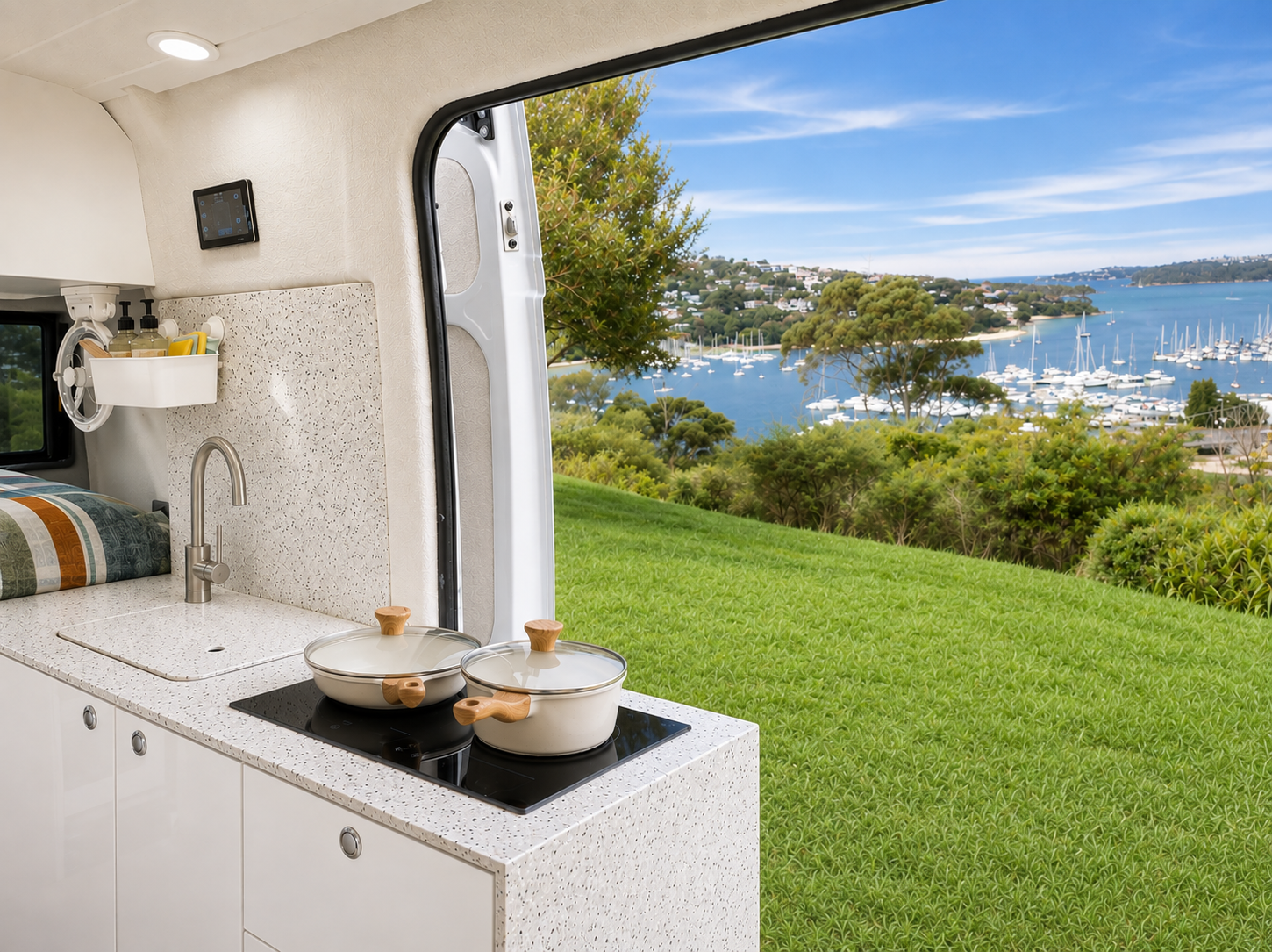 Kitchen looking out to the harbour, terrazzo benchtop and chrome tap