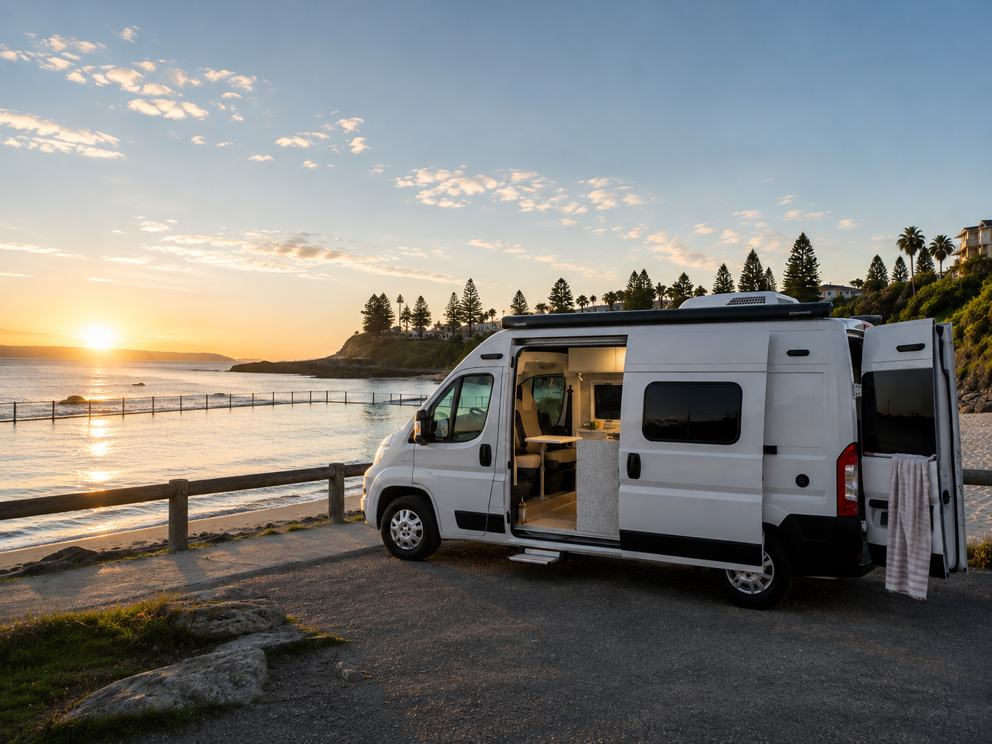 Van parked beside the ocean pool at sunrise, towel over the open back door