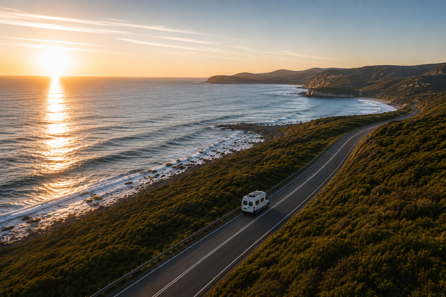Aerial view of the van on an empty coastal road at golden hour
